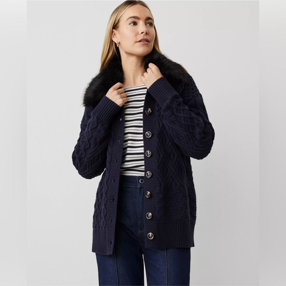 Ann Taylor Faux Fur Collared Sweater Jacket 836820